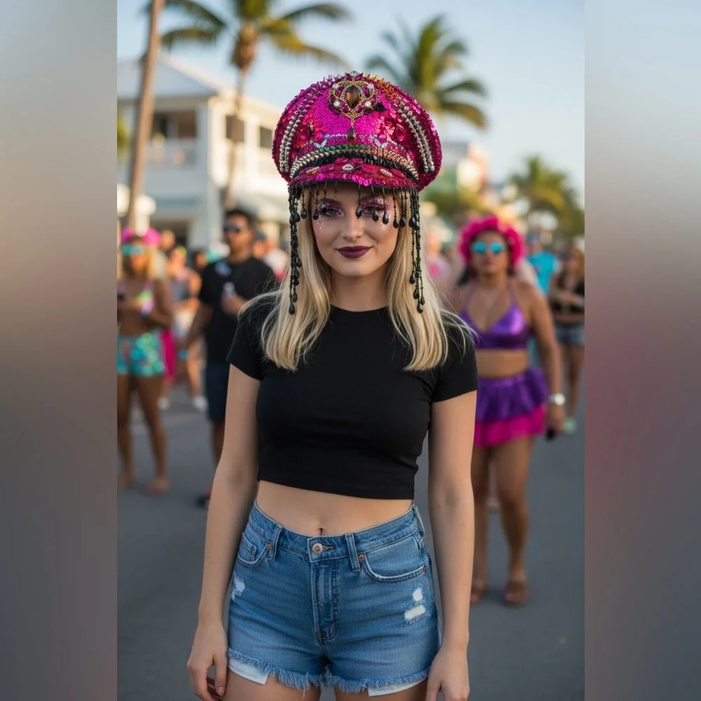 Nu Shuz Fuchsia Sequin Black Jeweled Fringe Statement Captain Festival Hat